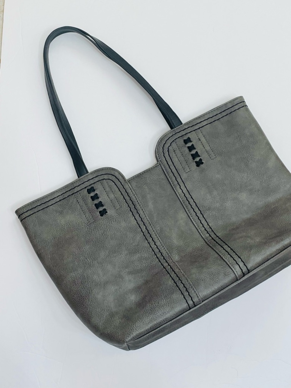 Montana West Dark Gray Tote 16x11 Black Stitching Vegan Leather